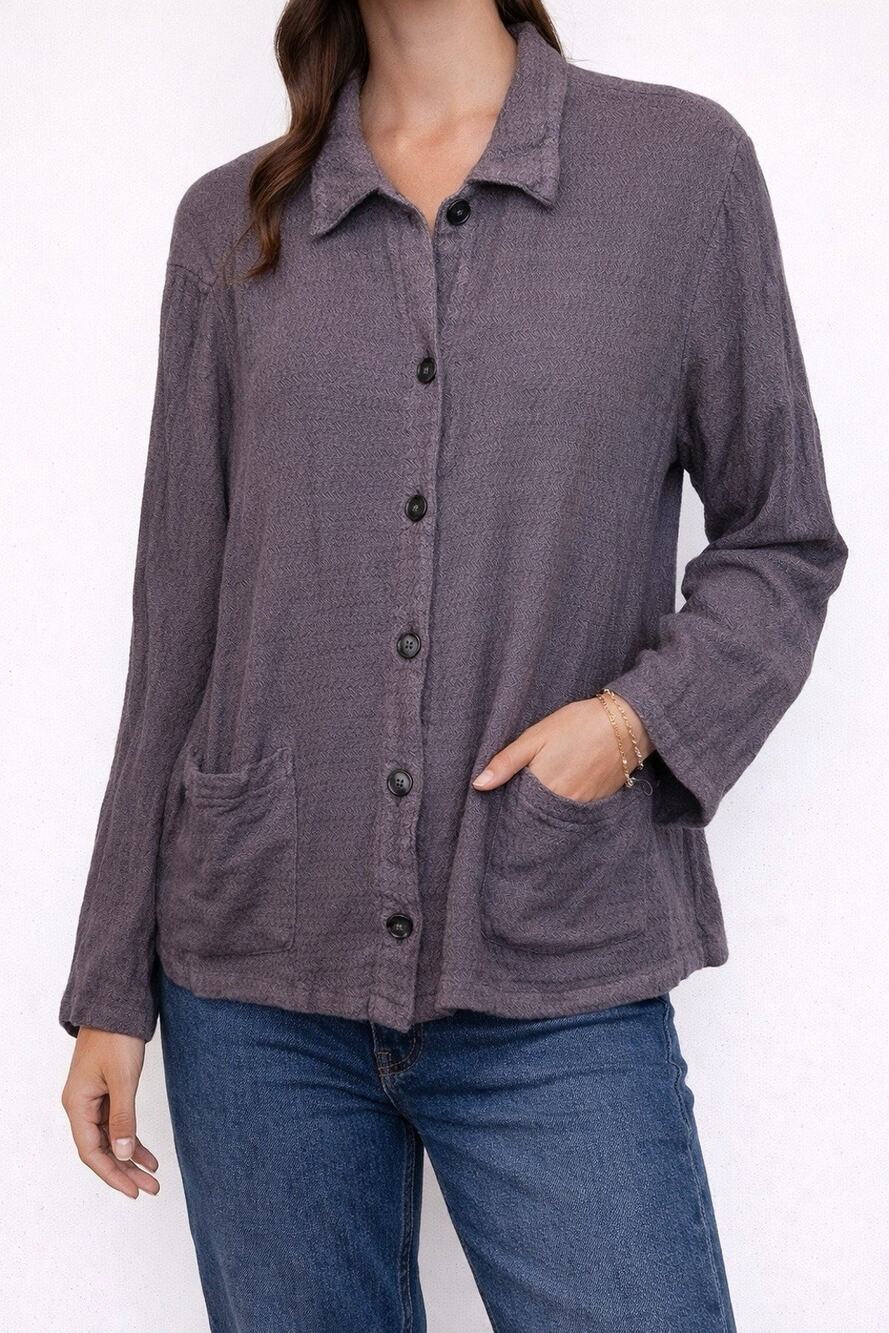 CP SHADES Linen Blend Knit Purple Button Up Shirt Lagenlook Jacket Small